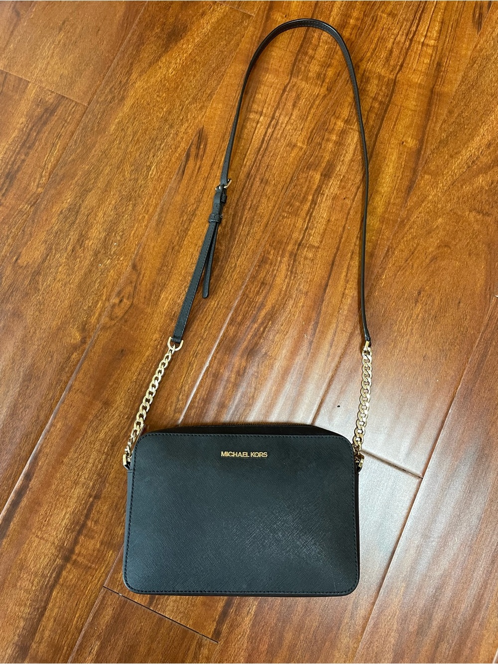 Michael Kors Black Saffiano Crossbody with Gold Chain